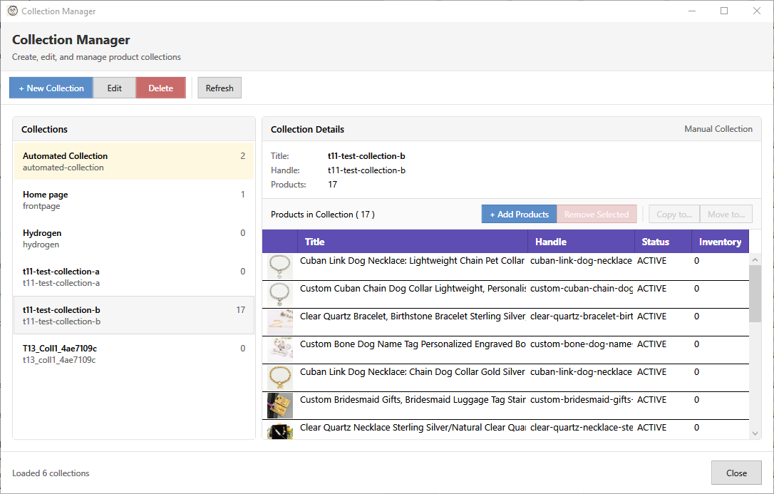 Collection manager showing collections with product counts and smart rules